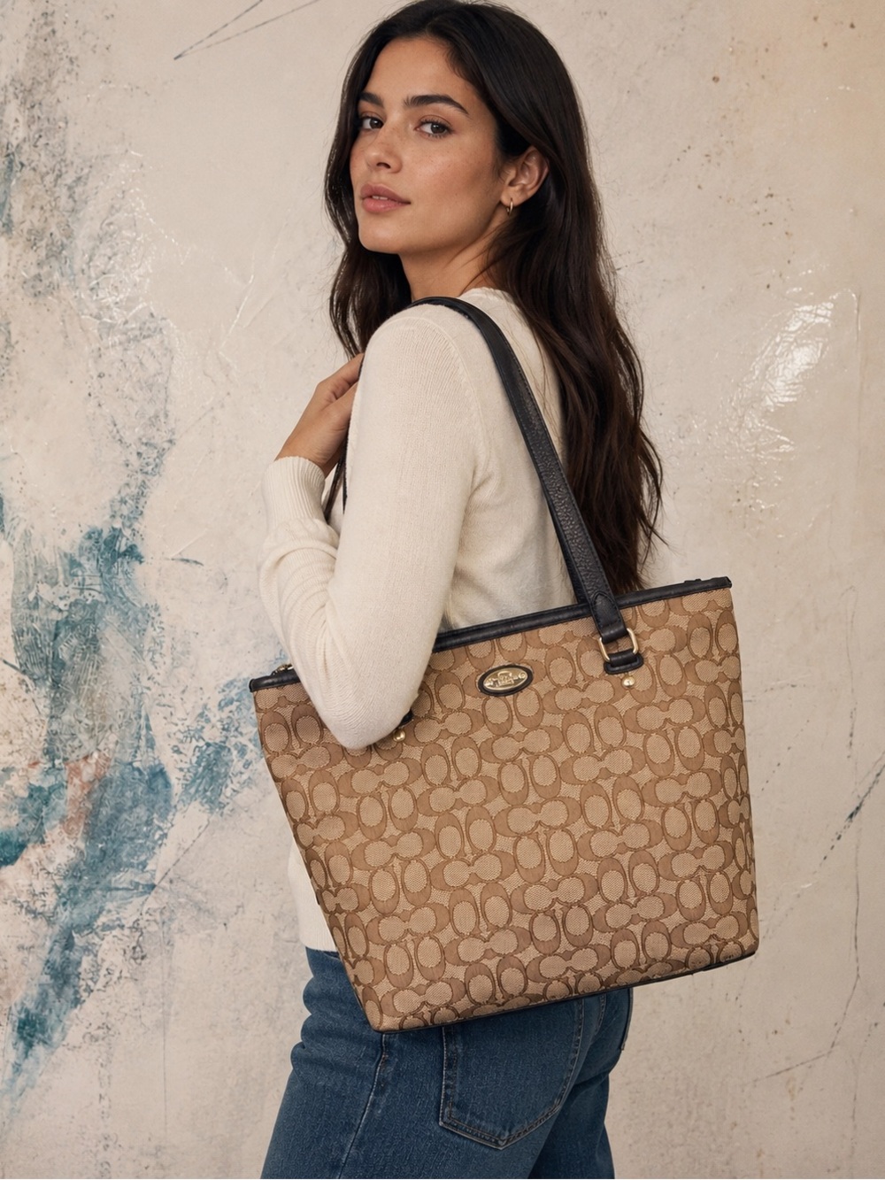 Coach Vintage Mollie Zip Tote Canvas w/ Leather Trim Khaki/Brown